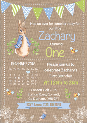 Personalised Blue Bunting Peter Rabbit Invites
