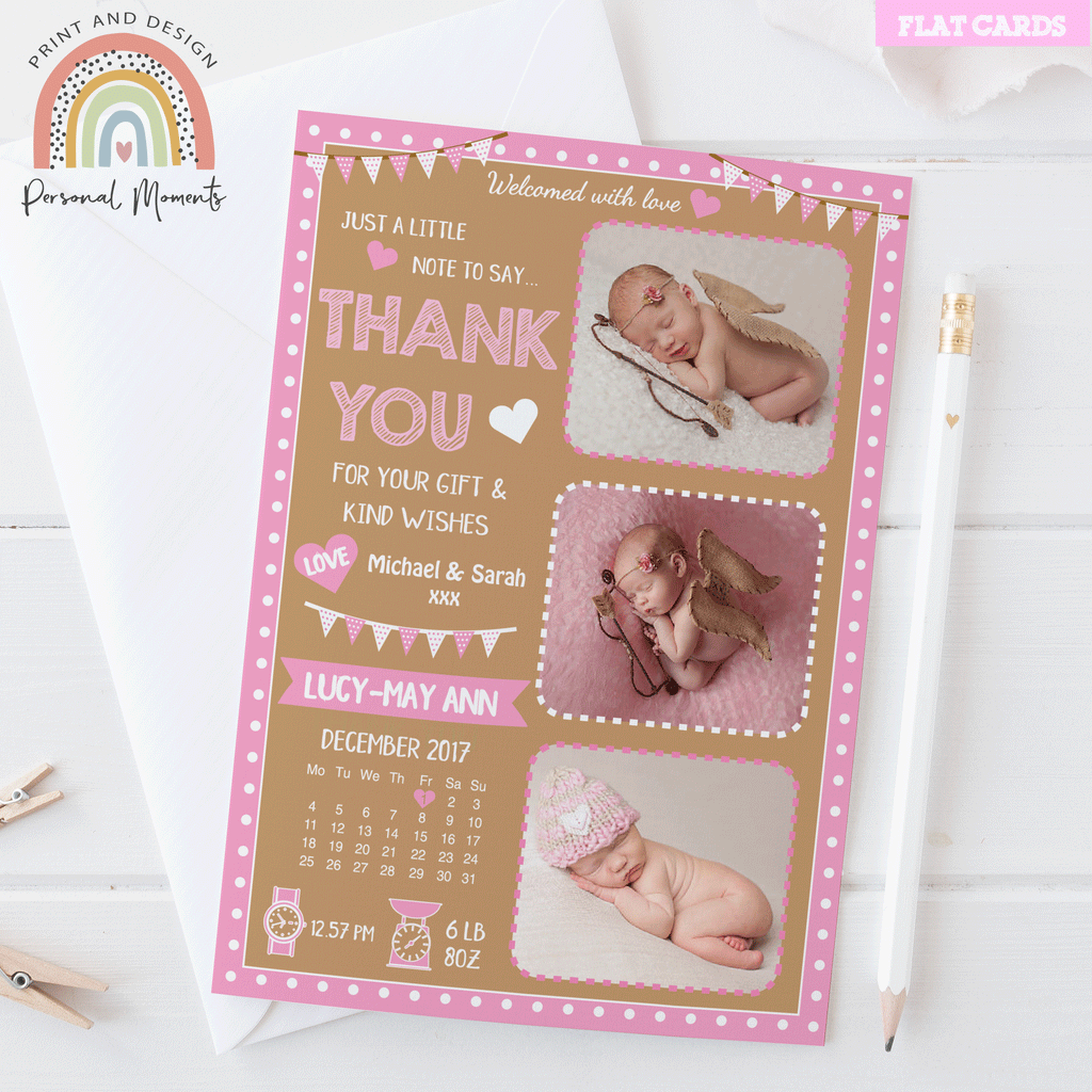 Baby Girl welcomed with love pink and brown design thank you card 