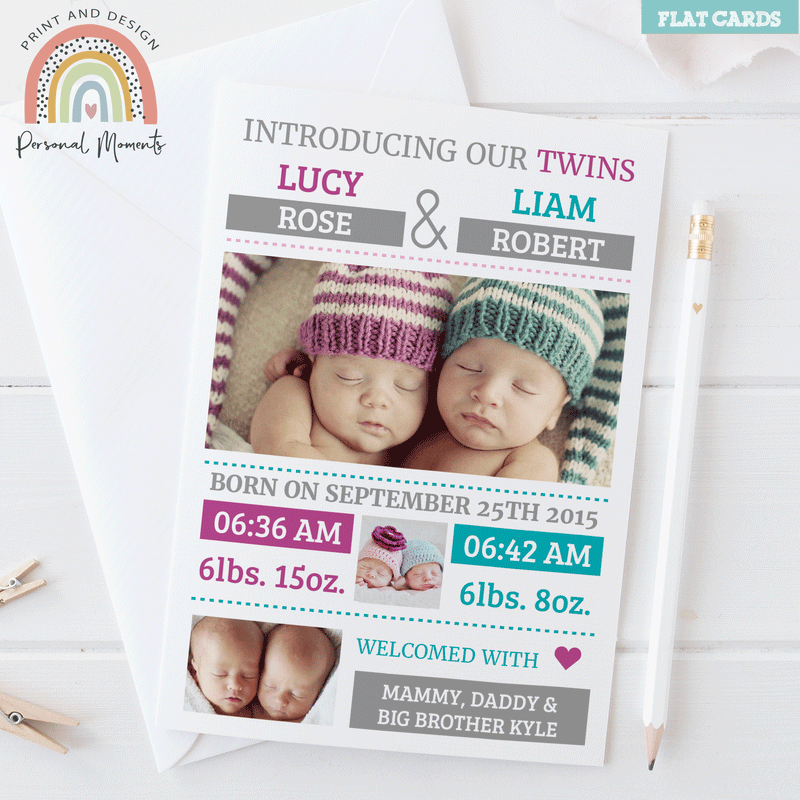 FLAT Pink & Blue Introducing Our Twins Baby Thank You Cards