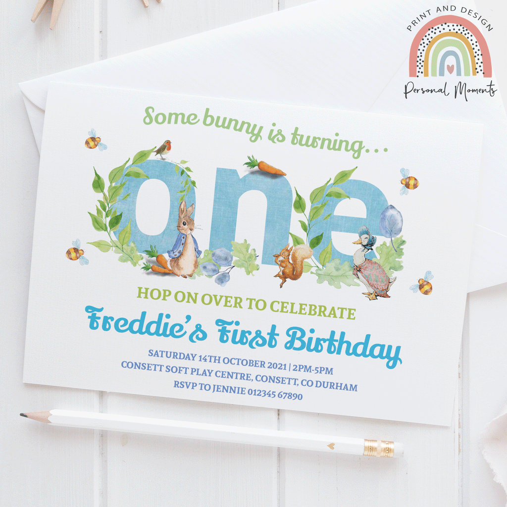 Blue Personalised Peter Rabbit 1st Birthday Invitations