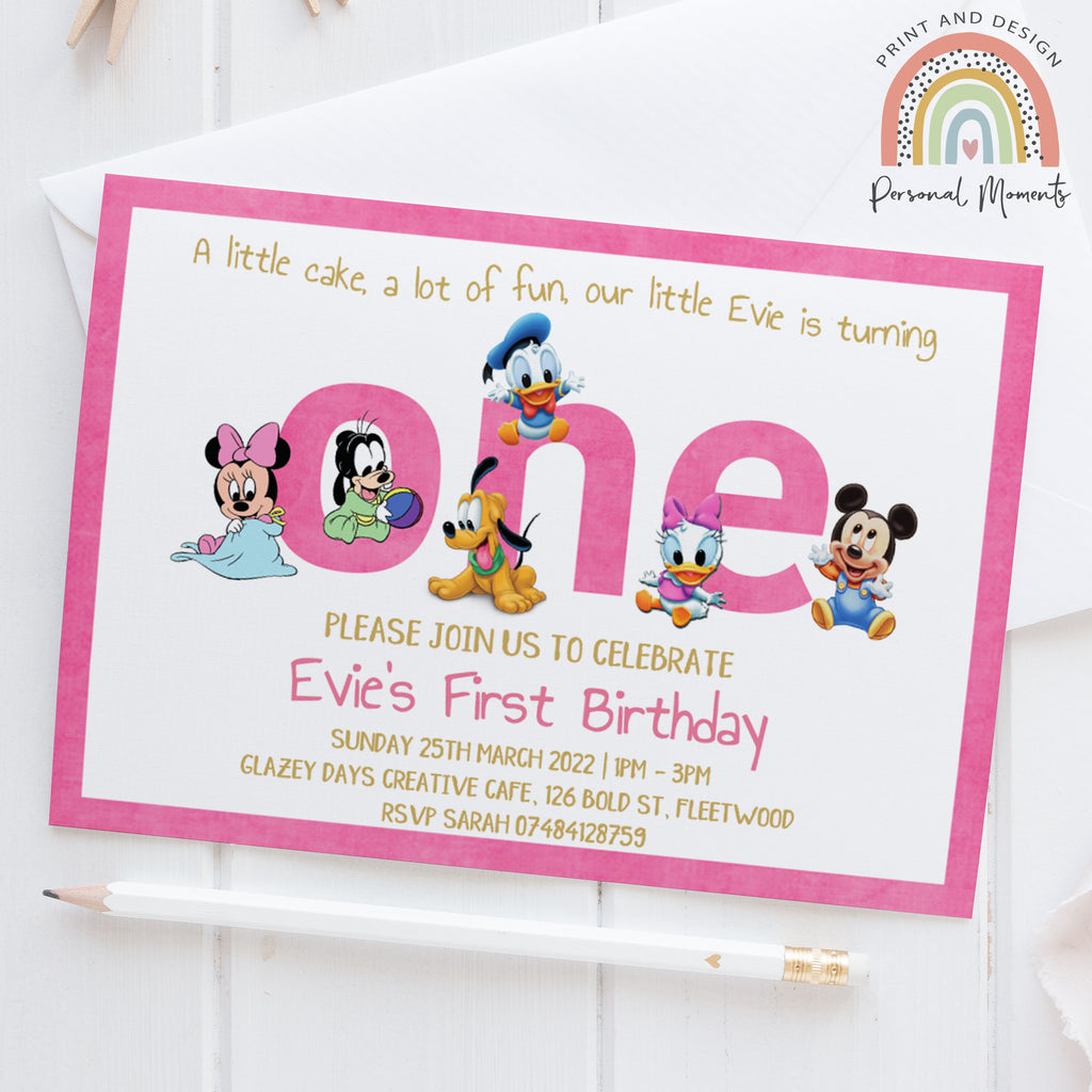 Personalised girl Disney Baby 1st birthday invitations