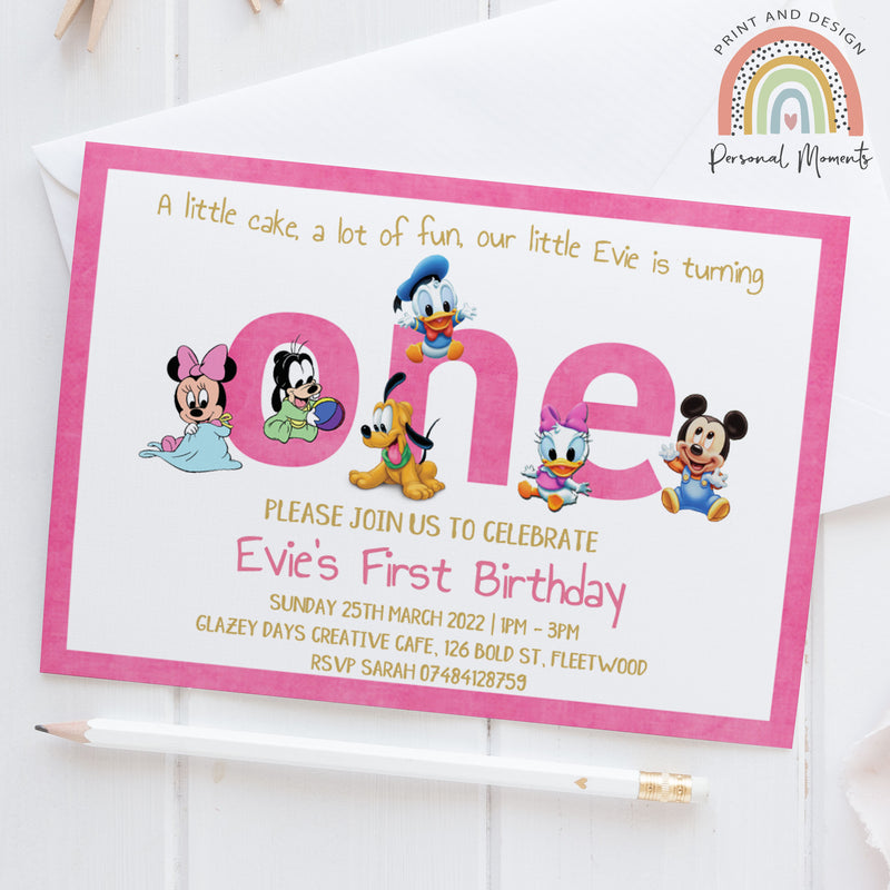 Personalised girl Disney Baby 1st birthday invitations
