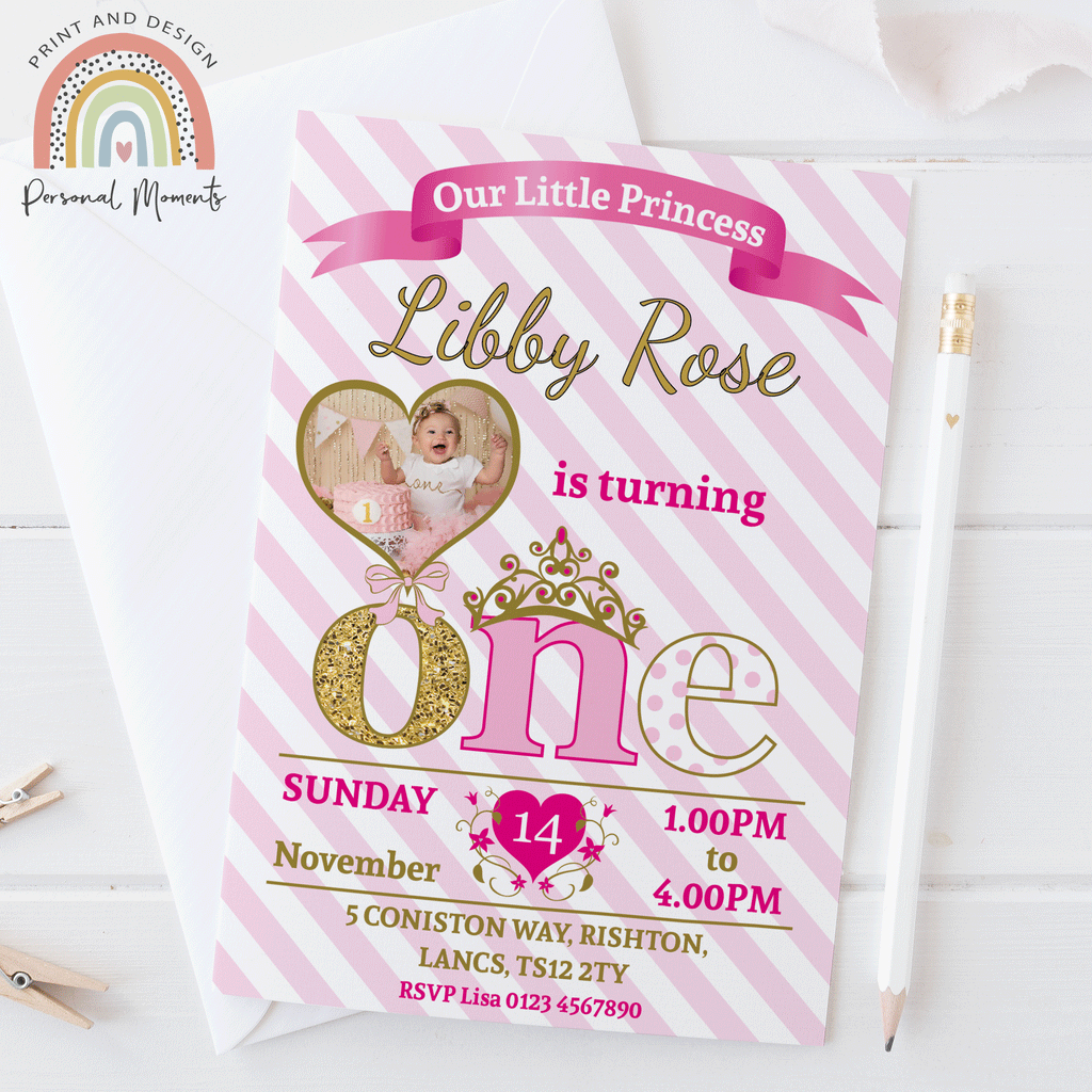 Personalised Princess 1st Birthday Invitations