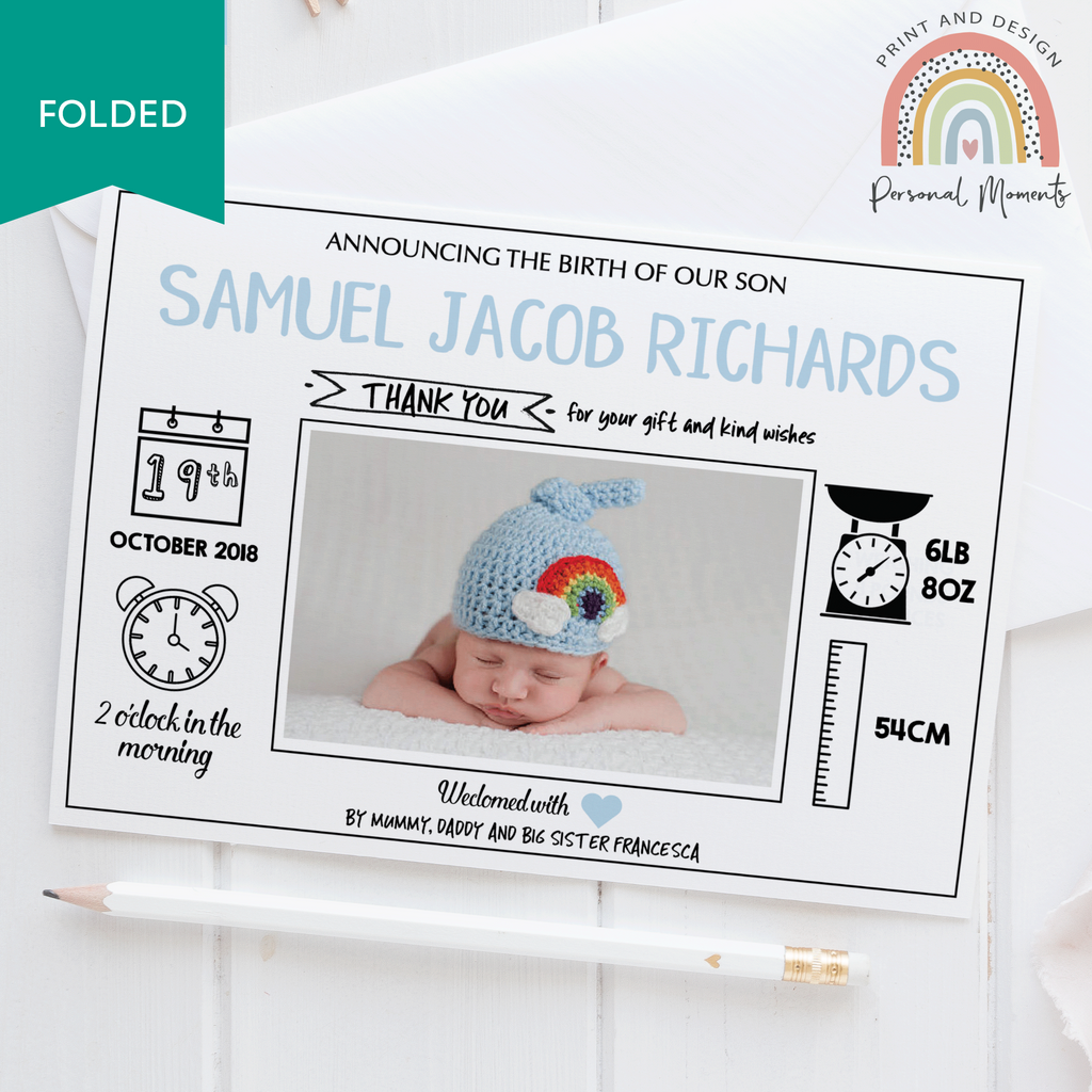 Baby Boy Personalised Clock Thank You Cards FOLDED
