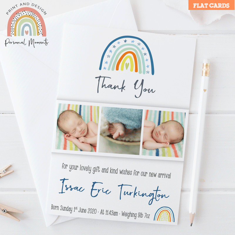 Personalised Rainbow Baby Boy Thank You Notes Blue Photo Birth Announcement Cards