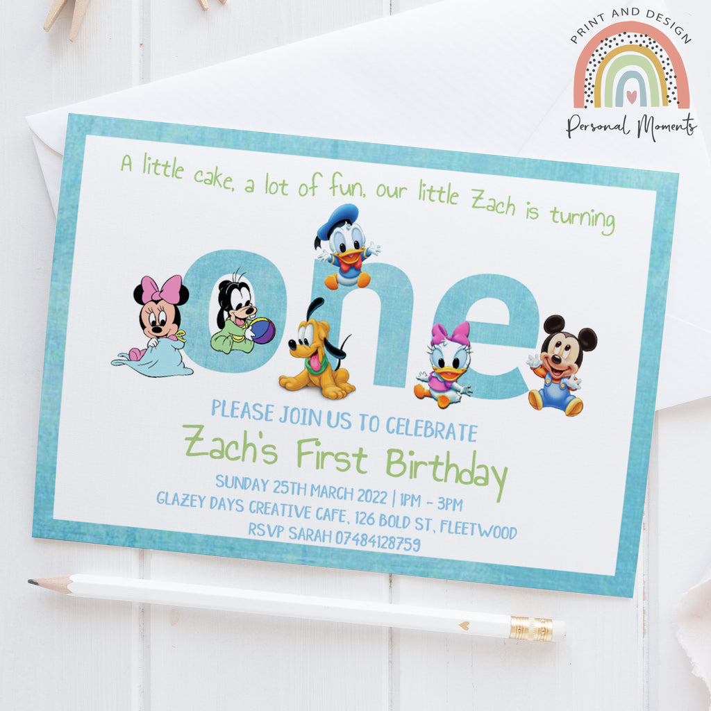 Personalised boy Disney Baby 1st birthday invitations