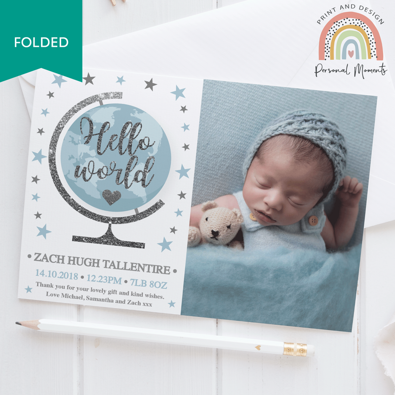 FOLDED Globe Baby Boy Thank You Cards