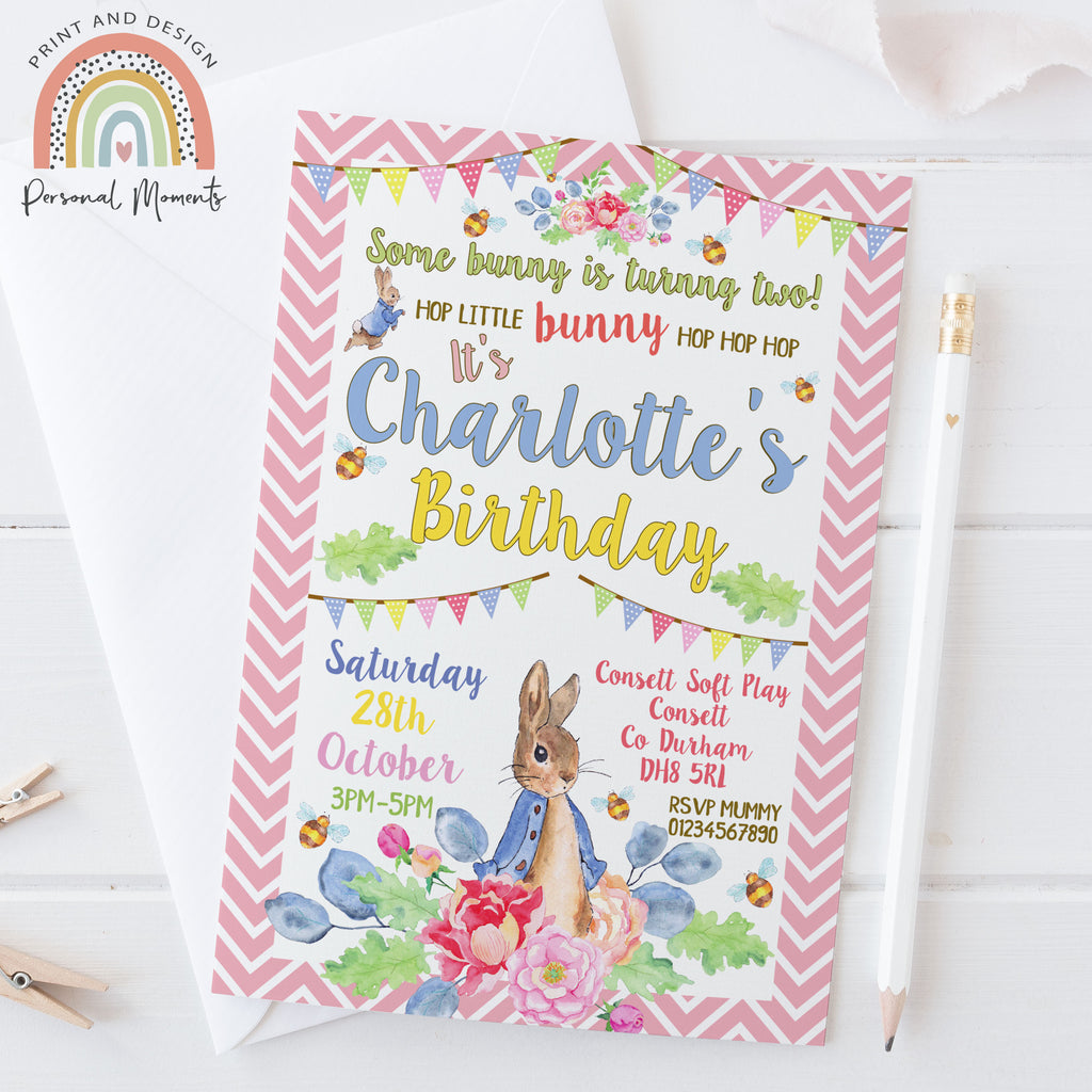 Personalised Girl Peter Rabbit Birthday Invitation Beatrix Potter Custom Invites