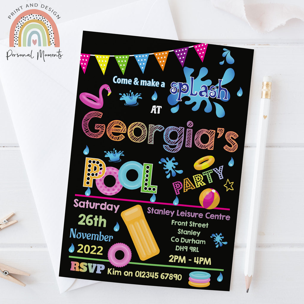 Personalised Girl Pool Party Invitation Rainbow Swimming Invites