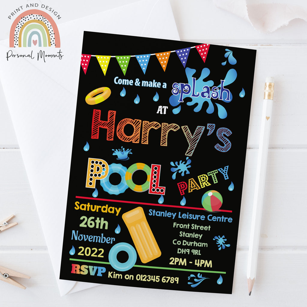 Personalised Boy Pool Party Invitation Rainbow Swimming Invites