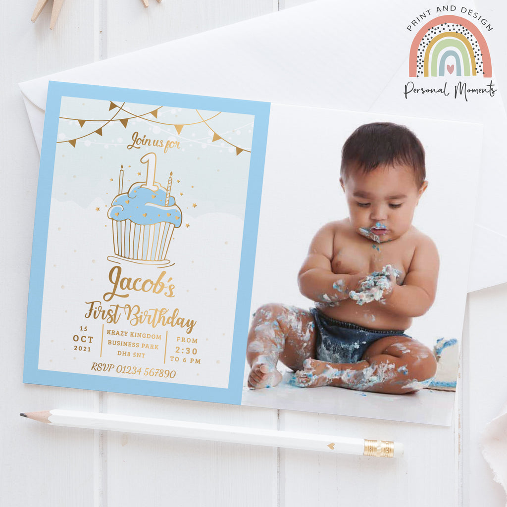Personalised cupcake 1st birthday invitations boy