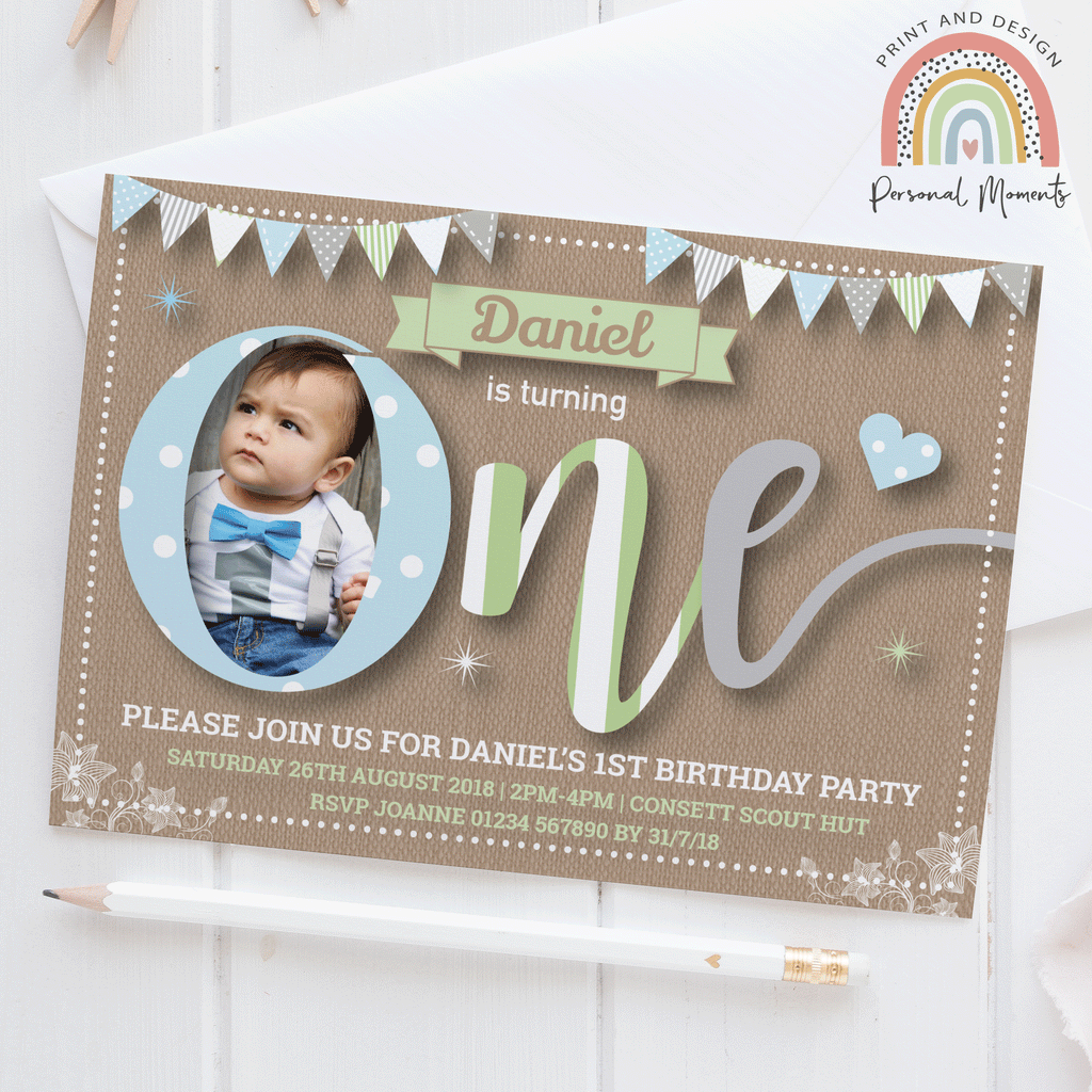 Personalised Vintage Bunting 1st Birthday Invitations