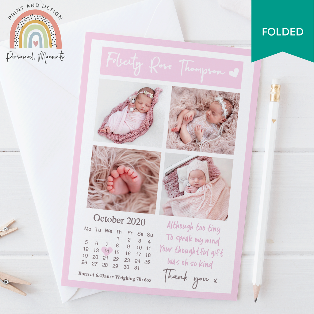 FOLDED pink girl calendar baby announcement card