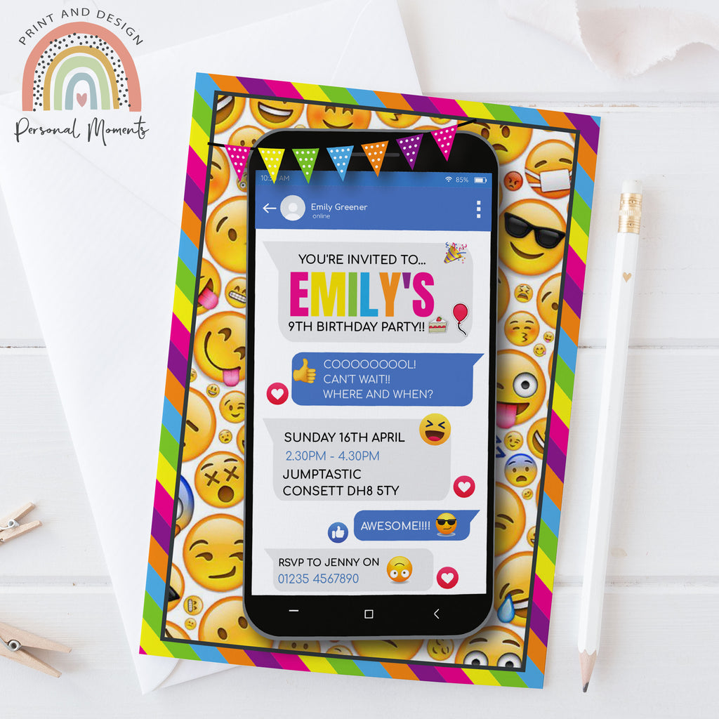 Personalised Girl Emoji Birthday Party Invitations Mobile iPhone Invites