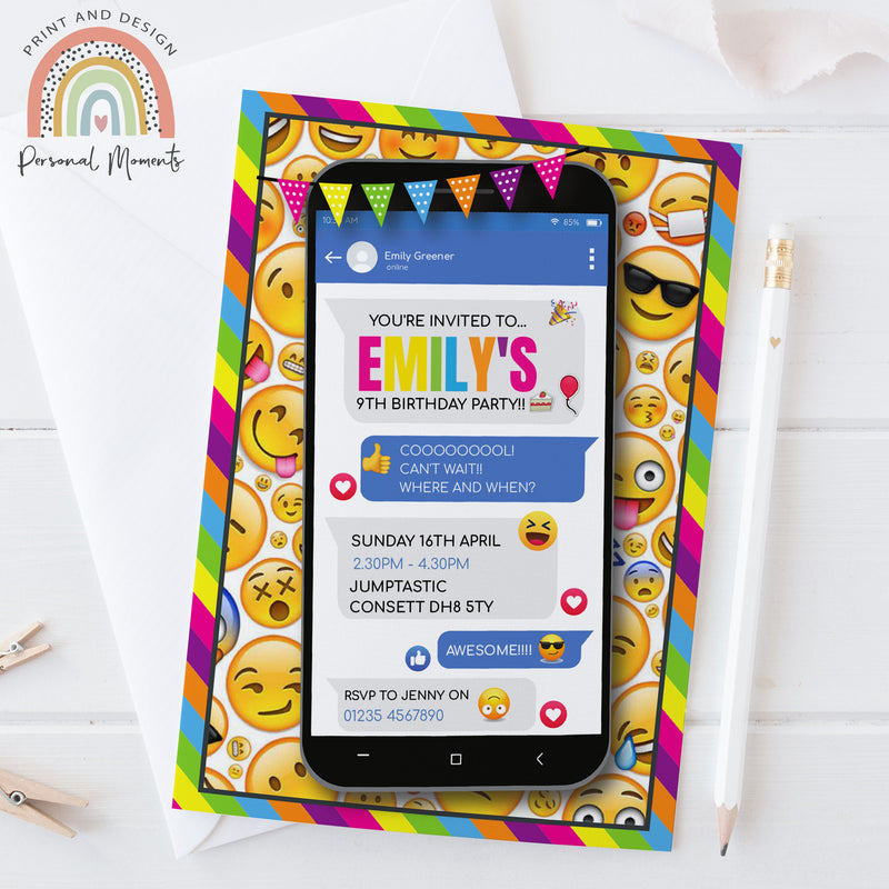 Personalised Girl Emoji Birthday Party Invitations Mobile iPhone Invites
