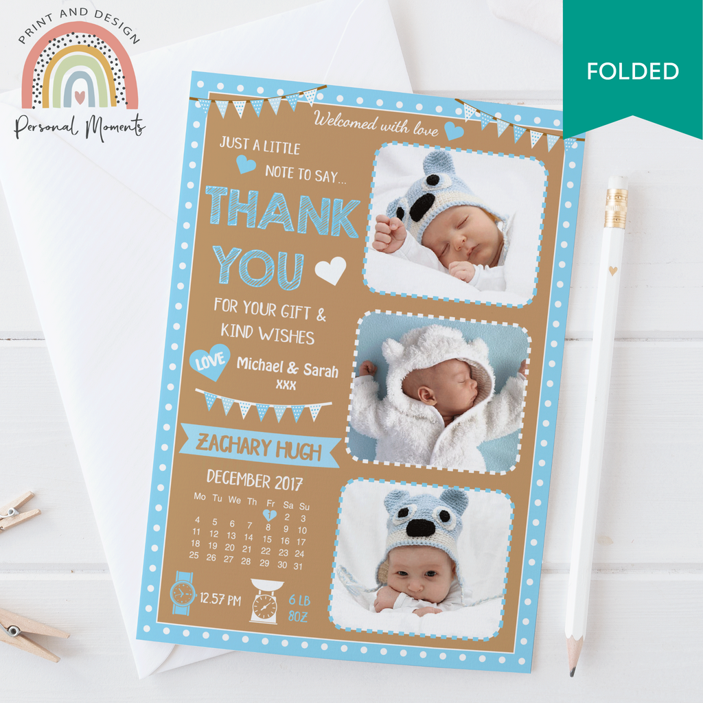 FOLDED Baby boy brown And Blue Thank You Card 