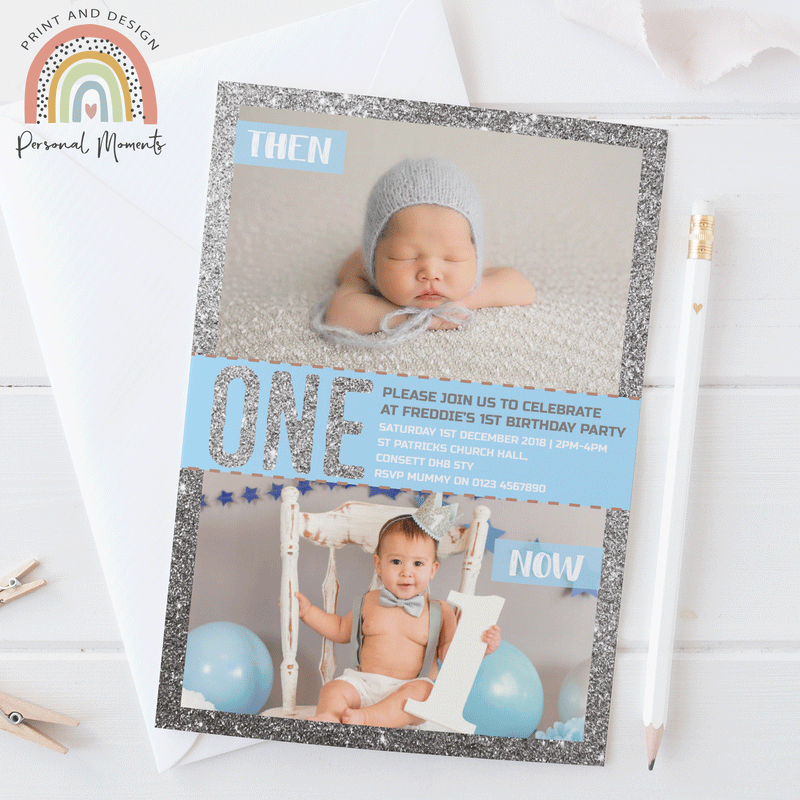 Personalised glitter 1st birthday invitations