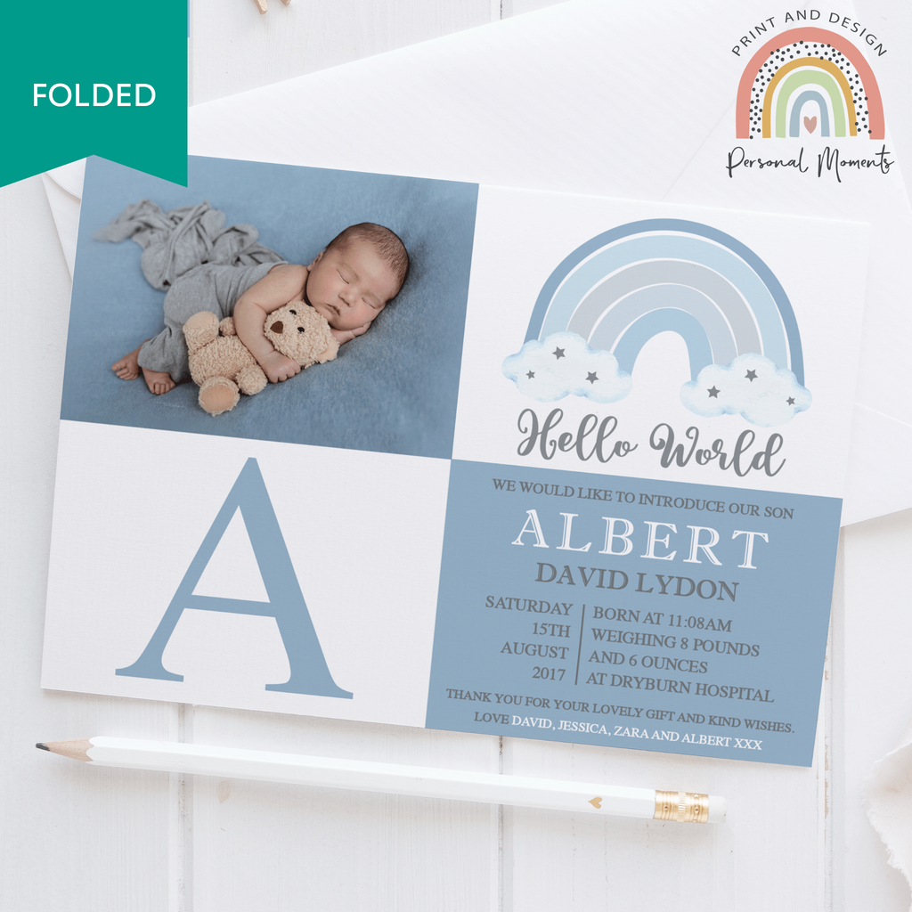 FOLDED blue rainbow cloud boy thank you card 