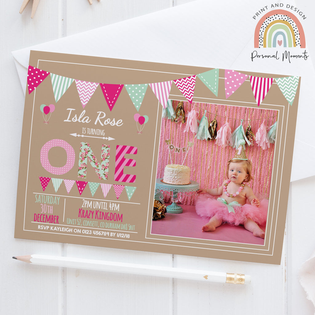 Personalised Girl Vintage 1st Birthday Invitations