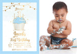 Personalised blue and gold baby boy invitations 1st birthday photo