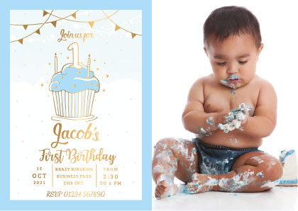 Personalised blue and gold baby boy invitations 1st birthday photo