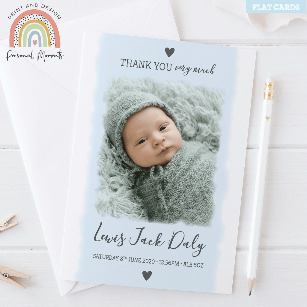 Blue to white Frame baby boy thank you card 