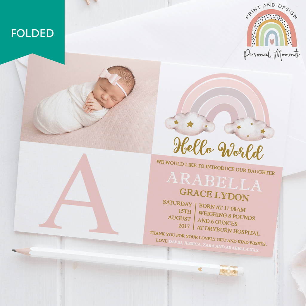 FOLDED pink rainbow cloud baby girl thank you card