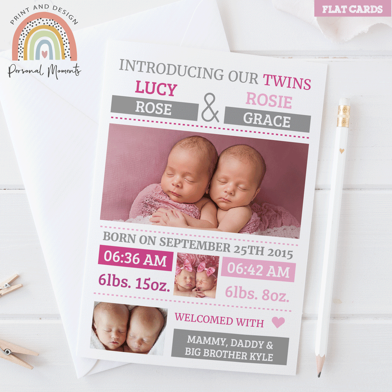 FLAT Pink Introducing Our Twins Baby Thank You Cards