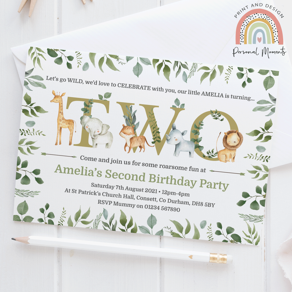 Personalised Jungle 2nd Birthday Party Invitations