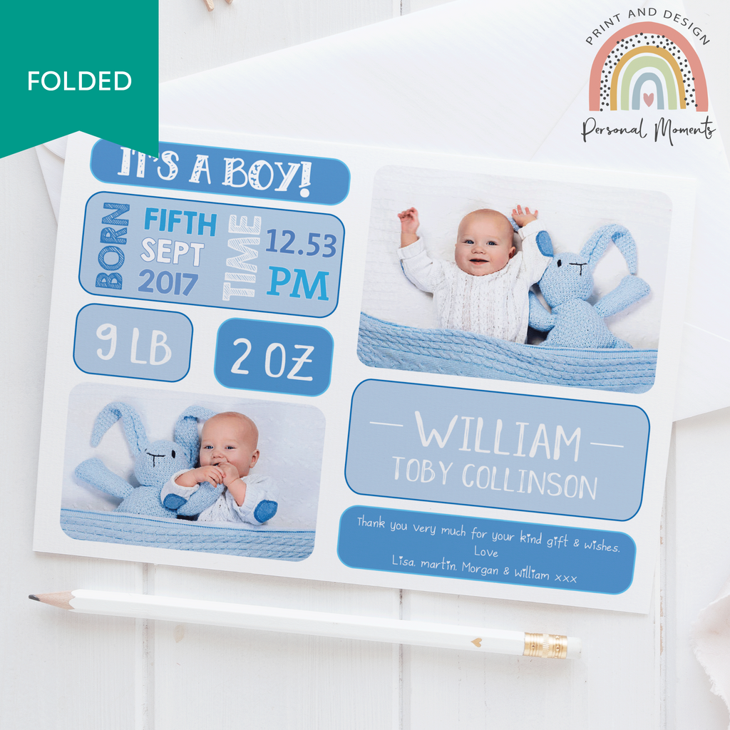 Its A Boy Personalised Thank you Cards FOLDED