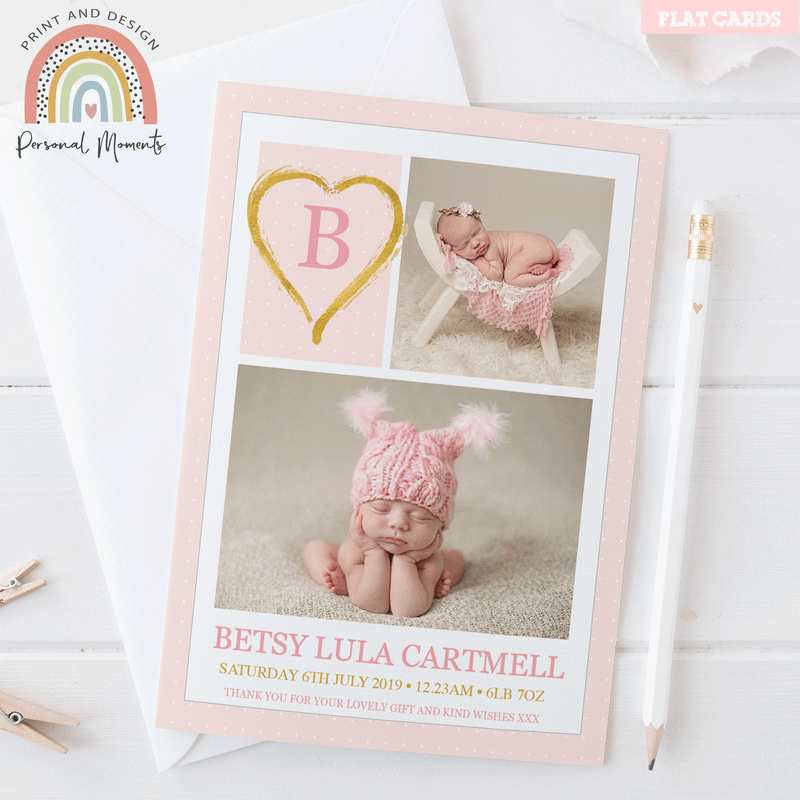 FLAT Custom Baby Girl Thank You Cards with Personalised Photos - Fast Shipping