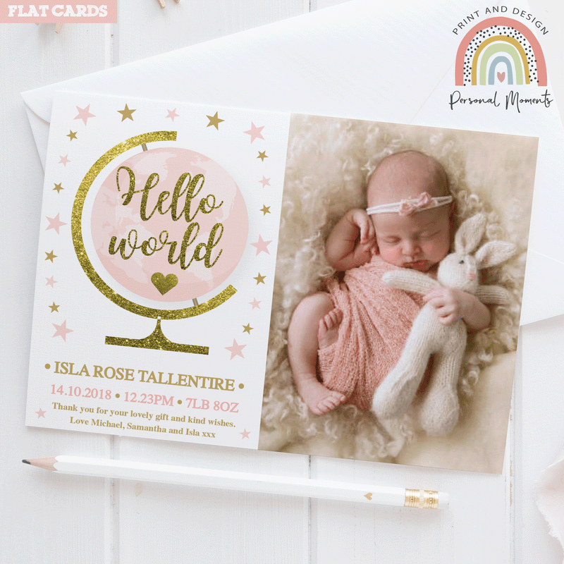 FLAT Globe Baby Girl Thank You Cards