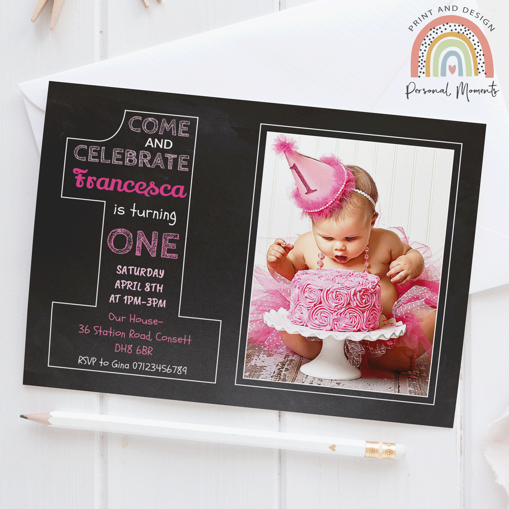 Personalised chalkboard girl 1st birthday invitations
