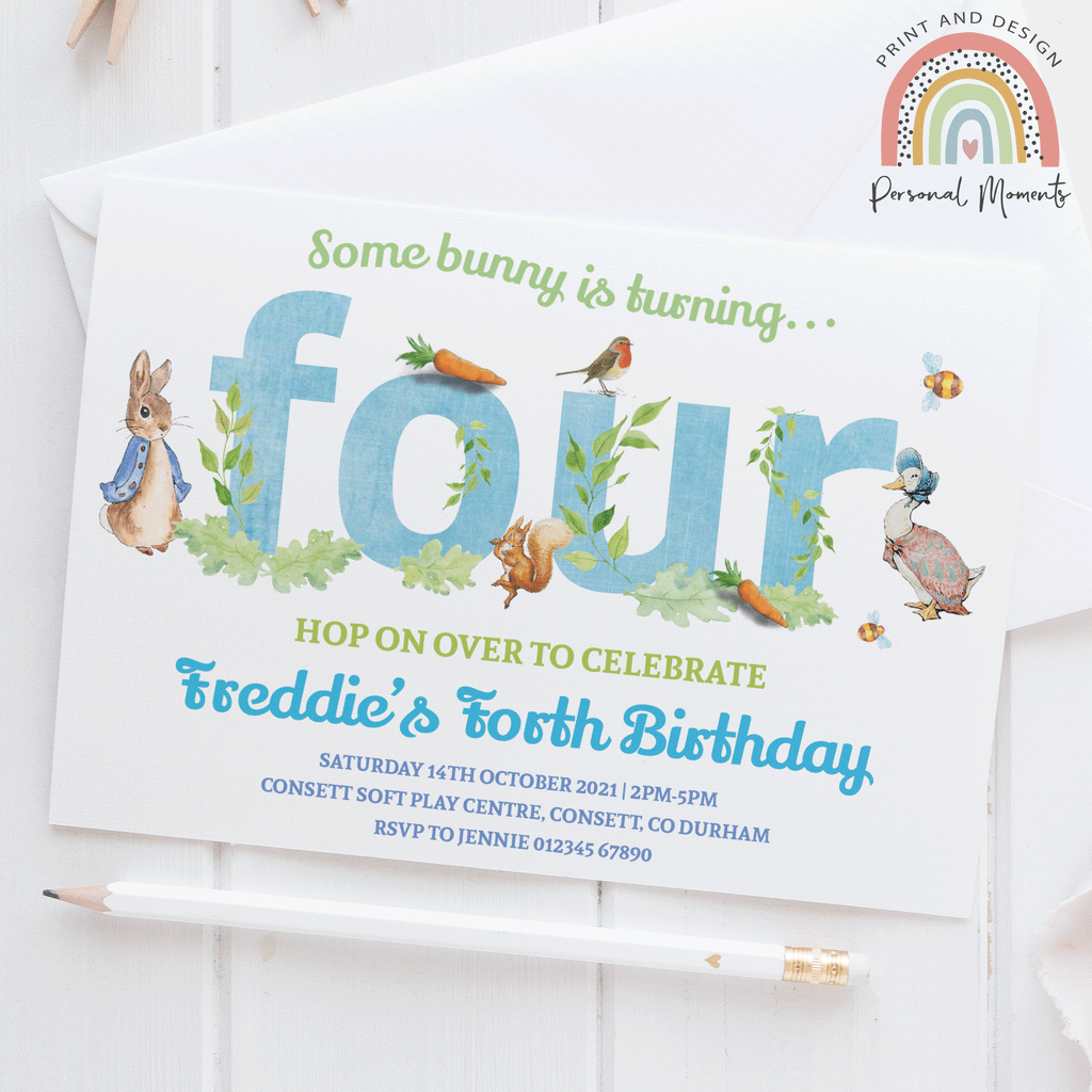 Blue Personalised Peter Rabbit 4th Birthday Invitations