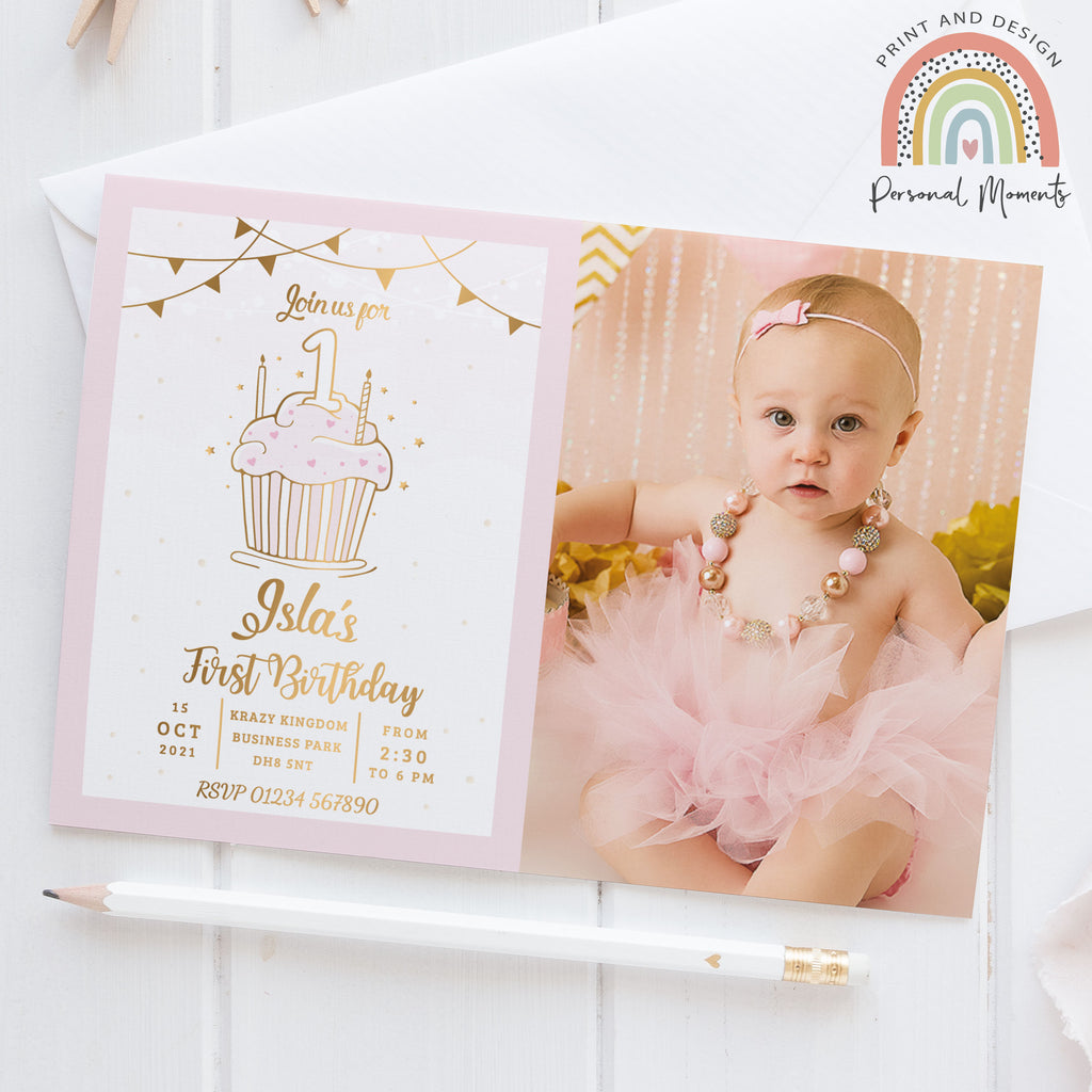 Personalised cupcake 1st birthday invitations girl