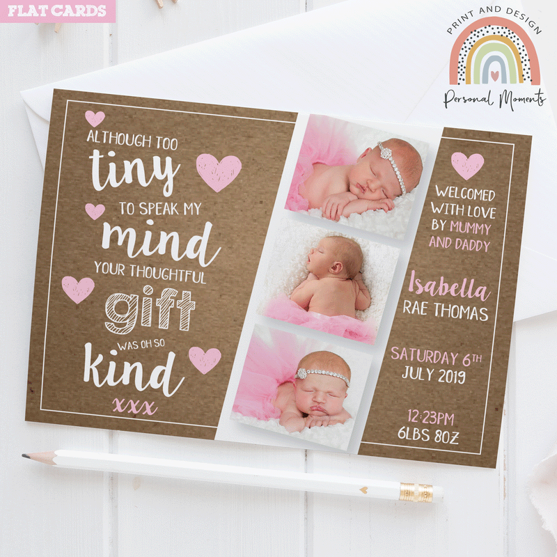 FLAT Personalised New Baby Girl Thank You Cards with Your Own Photos - Customisable Designs and Fast Shipping