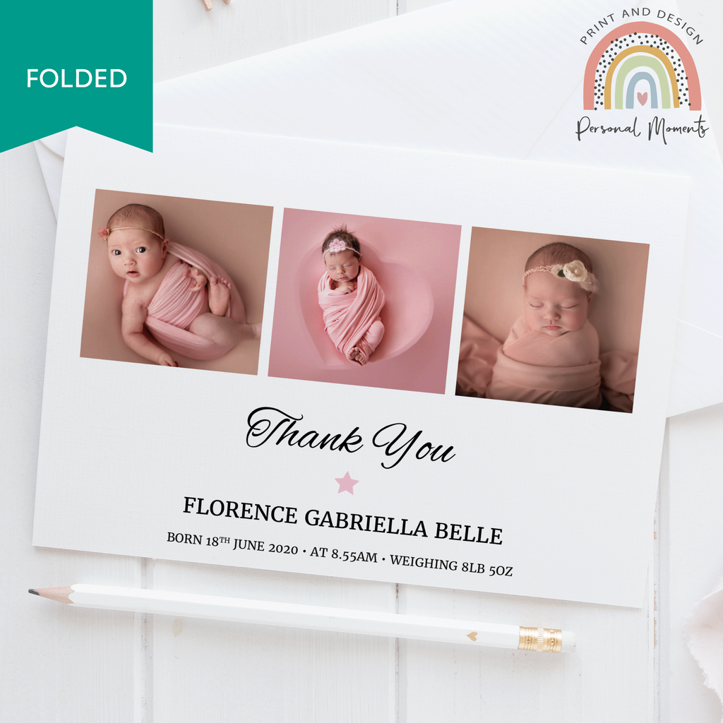 FOLDED editable baby girl thank you card  with pink star 