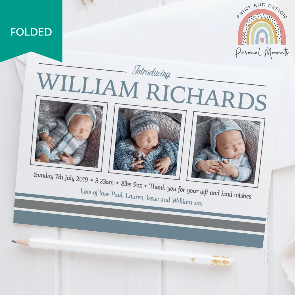 Baby Boy Grey And Blue Thank You Cards FOLDED