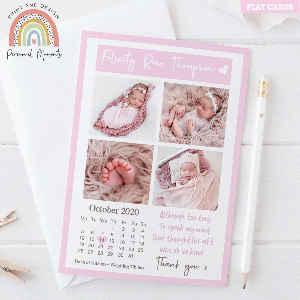 Pink girl calendar baby announcement card 