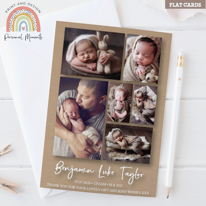 Personalised Vintage Photo Birth Announcement Cards Baby Boy Kraft Thank You Cards