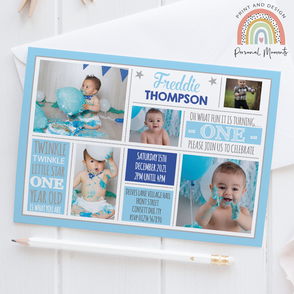 Personalised multiple photo 1st birthday invitations for boy