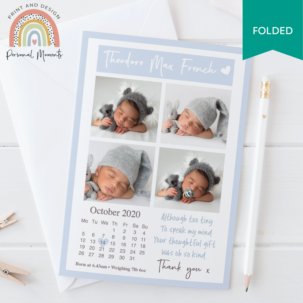 FOLDED blue Calendar Baby boy announcement card