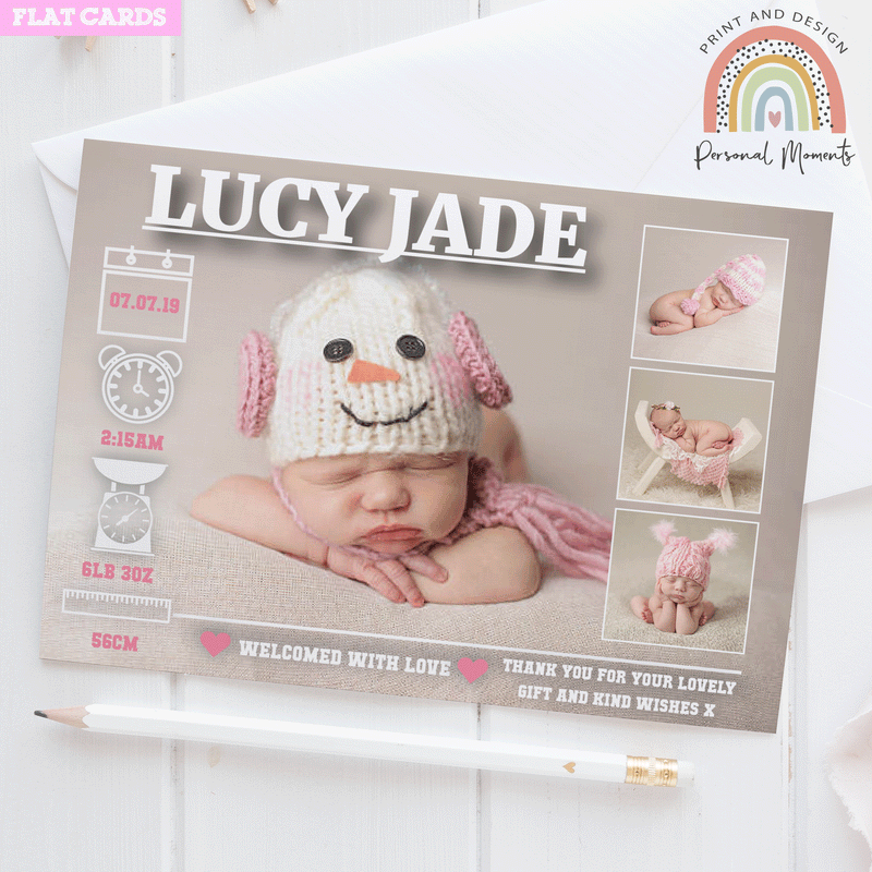 FLAT Personalised Baby Girl Multi Photo Thank You Cards Pink Birth Announcement Notes
