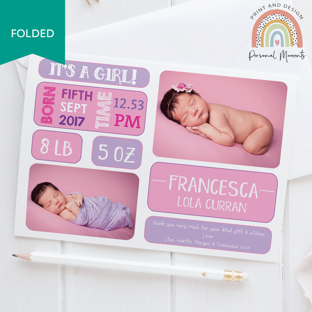 Its A Girl Personalised Thank you Cards FOLDED