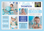 Personalised blue and silver photo 1st birthday invites