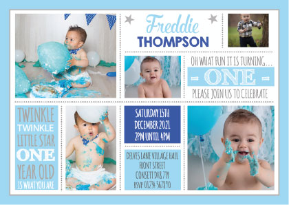 Personalised blue and silver photo 1st birthday invites