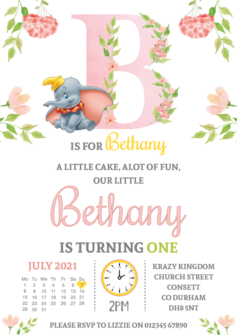 Girl Dumbo Birthday Party Invites
