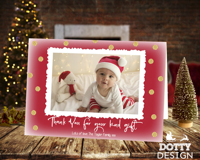 FOLDED Custom Festive Christmas Thank You Cards, Family Photo Xmas Thank You Card, Baby Christmas Thank You Card Pack