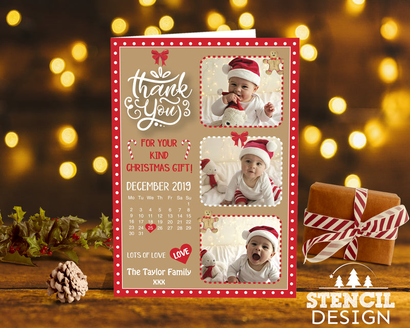 FLAT Christmas Thank You Cards With Personalised Photo and Envelopes, Xmas Thank You Note