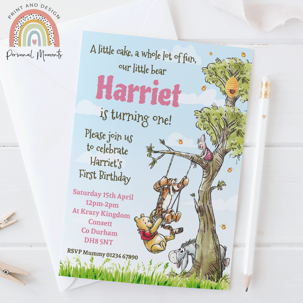 Personalised Girl Winnie The Pooh Invitations